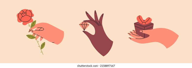 Conjunto de manos coloridas con diferentes objetos. Diferentes gestos. Manos con rosa, diamante, caja de regalo. Ilustración aislada del vector gráfico plano de color.