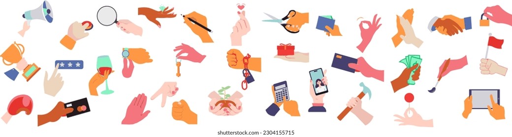 Set of colorful hands holding different objects, lock, key, money, devices, tablet, credit cards, scissors, calculator, pencil, 
paintbrush, Colored flat graphic vector illustration isolated on white