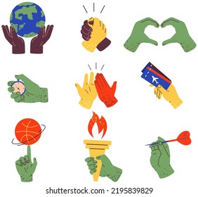 Set of colorful hands holding obects and shoving gestures. Human palms with items for traveling and sports. Attributes, devices and subjects in hands. Handshaking, gesturing and holding stuff