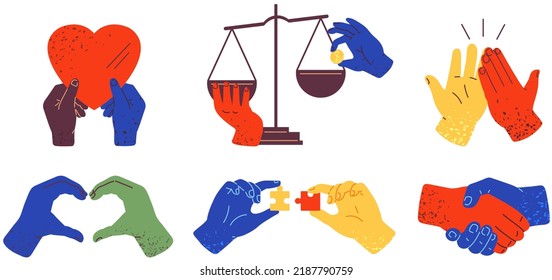 Set of colorful hands holding stuff and shoving gestures. Human palms with items. Attributes, devices, instrument and subjects in hands vector illustration. Handshaking, gesturing and holding objects