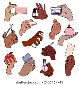 Set of Colorful Hands holding stuff. Different operations and gestures. Miscellaneous gestures, signs and symbols. Hand drawn Vector illustration EPS10.