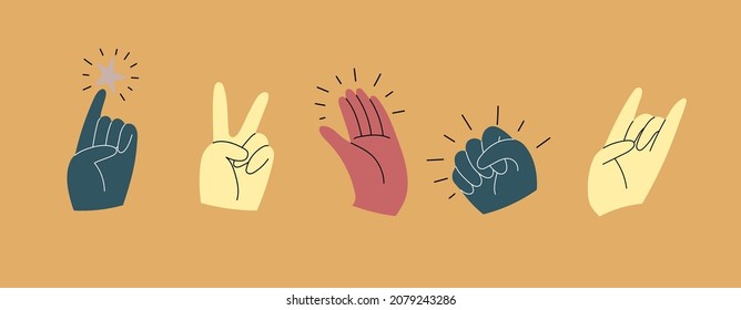 Set of colorful hands holding various stuff. Different operations and gestures. Hand drawn vector illustration
