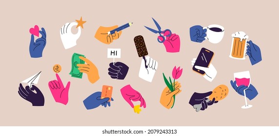 Set of colorful hands holding various stuff. Different operations and gestures. Hand drawn vector illustration