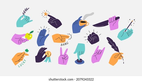 Set of colorful hands holding various stuff. Different operations and gestures. Hand drawn vector illustration