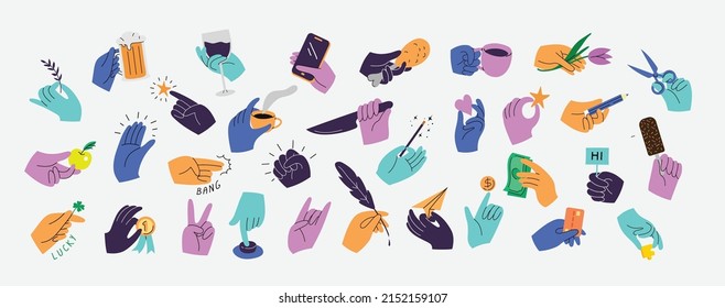 Set of colorful hands holding various stuff. Different operations and gestures. Hand drawn vector