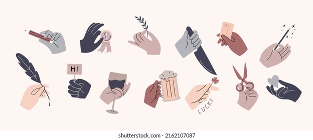 Set of colorful hands holding various stuff. Different operations and gestures. Hand drawn vector illustration