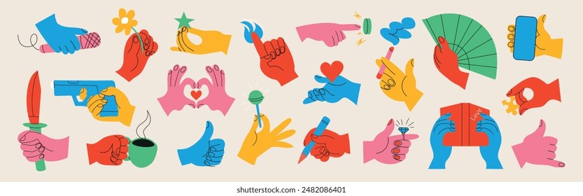 Set of colorful hands holding various stuff on light background. Different operations and gestures. Hand drawn vector. All elements isolated.	