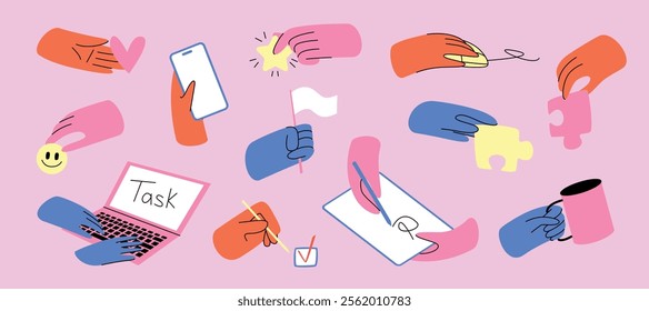 Set of Colorful Hands Holding Various Objects and Devices. Includes Phone, Flag, Puzzle, Heart, Laptop, Mug, Smiley Face. Gestures for Writing, Clicking, Holding. Isolated Elements. Flat Illustration