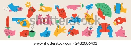 Set of colorful hands holding various stuff on light background. Different operations and gestures. Hand drawn vector. All elements isolated.	