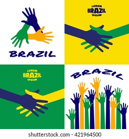 Set of colorful up hands icons using Brazil flag colors 2016. Hands vector Icon, logo, emblem using Brazil flag colors. Hand shake logo using Brazil background flag colors. Vector illustration.