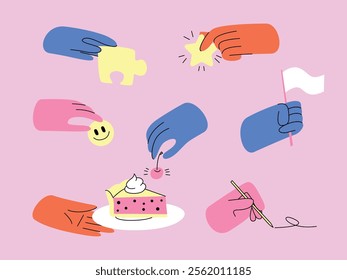 Set of Colorful Hands Performing Actions and Holding Objects. Includes Puzzle, Star, Flag, Smiley Face, Cherry, Cake, Writing Pen. Isolated Elements. Flat Hand Drawn Vector Illustration.