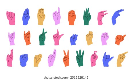 Set of colorful hands showing different gestures, pointing and showing signs isolated on white background