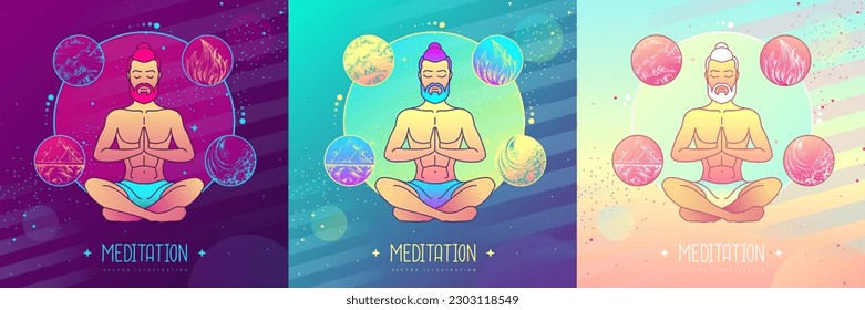 Set of colorful handsome men meditation in lotus position with the four elements. Vector illustration