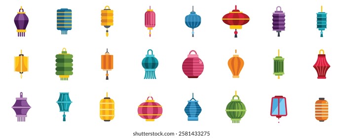 Set of colorful hanging paper lanterns, celebrating chinese new year or other festive occasions