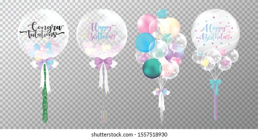 Set of colorful happy birthday balloons on transparent background. Realistic glossy pastel balloons vector illustration. Party balloons decorations wedding, birthday, celebration and anniversary card 