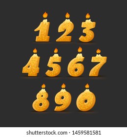 Set of colorful happy birthday candle numbers. Wick and fire. Vector illustration on black background.