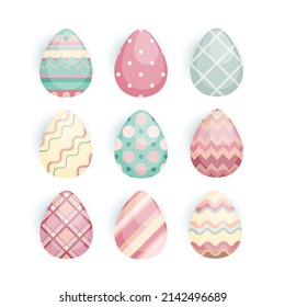 Set of colorful happy easter eggs silhouettes on white background with different ornaments and texture. Egg cartoon icons in pastel coral, green, turquoise, pink colours. Vector illustration