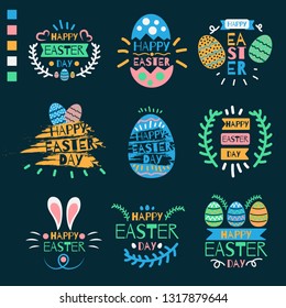 Set of Colorful Happy Easter greeting card labels with vector illustration