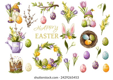Set of colorful Happy Easter sticker designs. Freehand drawing, clipart, isolate on a white background, vector.