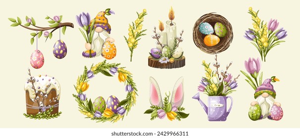 Conjunto de coloridos diseños de pegatinas de Pascua Feliz. Dibujo a mano alzada, clipart, aislar sobre un fondo blanco, vector.