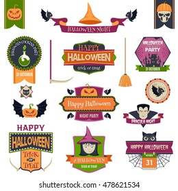 Set Of Colorful Happy Halloween Badges And Labels. Ribbons, Flat Icons And Other Elements. Vector Illustration