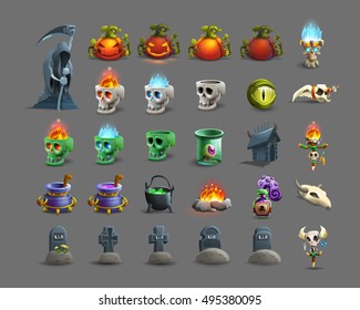 Set of colorful happy halloween icons. Vector illustration.