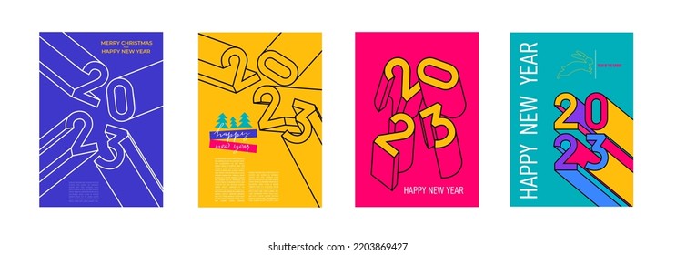 Set of colorful Happy New Year 2023 posters. Design typography logo 2023 for Christmas celebration and season decoration, branding, banner, cover, card, social media template. Vector illustration.