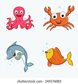 Set of colorful happy water animal characters like octopus, crab, dolphin and fish.