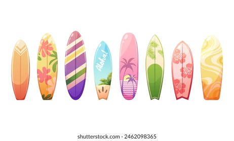 Conjunto de tablas de surf coloridas de estilo hawaiano. Vector Elementos de verano para el diseño