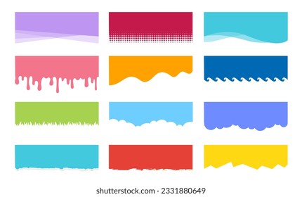 Set of colorful header dividers. Red, yellow, blue and green drops of liquids. Shreds of notebook pages. Template, layout and mock up. Cartoon flat vector collection isolated on white background