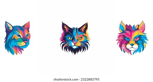 Set of colorful heads of cat. Vector illustration on white background.