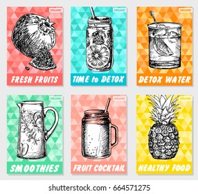 Set colorful healthy food posters. Smoothies, fresh fruit, detox. Sketch style, labels, hand drawn vector.