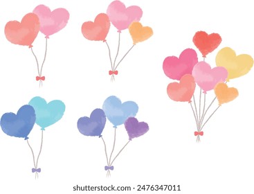 Set of colorful heart balloons, watercolor style