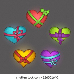 Set of colorful heart emblems tied with ribbon bows, set of five, eps10 vector
