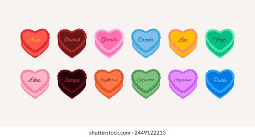 Set of colorful heart shaped cakes with zodiac signs. Vector flat illustration