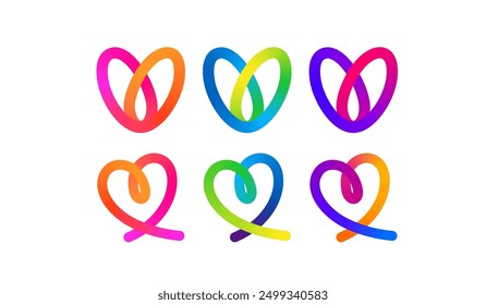 Set of Colorful Heart Shapes in Gradient. Vector Love Icons. Squiggly Heart Illustrations for Valentine's Day