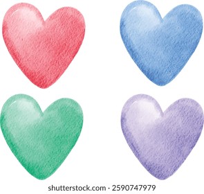 set of colorful heart shapes red pink, blue cyan, green, and purple illustration in watercolor style