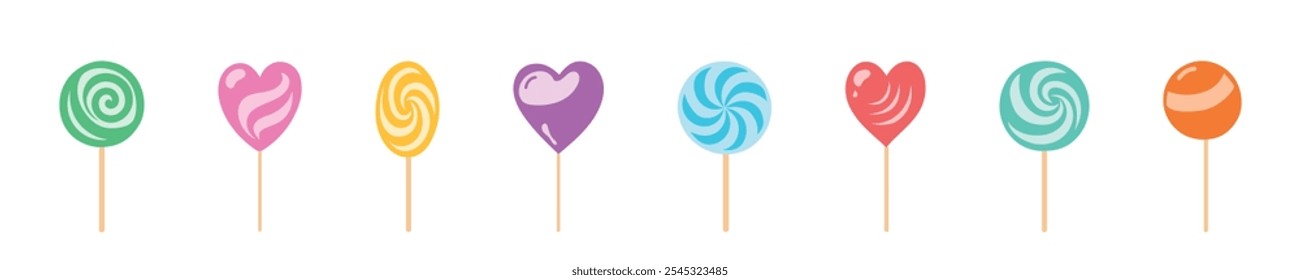 Conjunto de corazón colorido y piruletas de remolino aisladas sobre un fondo blanco. Concepto de dulces, golosinas dulces, postre, confitería. Elementos de diseño, ilustraciones para niños y celebraciones festivas