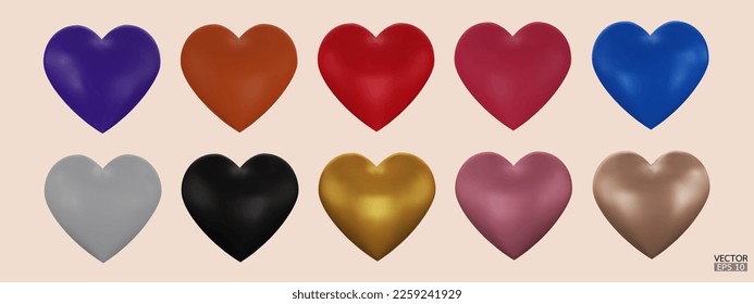 Conjunto de coloridos corazones de colección vectorial 3D aislados en fondo beige. Símbolo de amor y Día de San Valentín. Icono de forma 3D del corazón metalúrgico para tarjeta de diseño. Ilustración vectorial 3D.