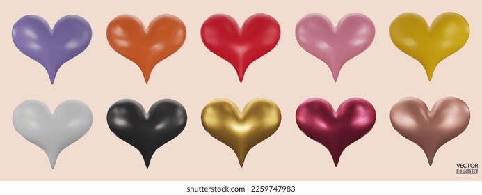 Conjunto de coloridos corazones de colección vectorial 3D aislados en fondo beige. Símbolo de amor y Día de San Valentín. Icono de forma 3D del corazón metalúrgico para tarjeta de diseño. Ilustración vectorial 3D.