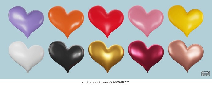 Set of colorful hearts 3D vector collection isolated on beige background. Symbol of Love and Valentine's Day. Metal Heart shape icon 3D for design card. 3D vector illustration.
