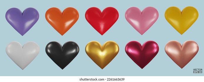 Conjunto de coloridos corazones de colección vectorial 3D aislados en fondo beige. Símbolo de amor y Día de San Valentín. Icono de forma 3D del corazón metalúrgico para tarjeta de diseño. Ilustración vectorial 3D.