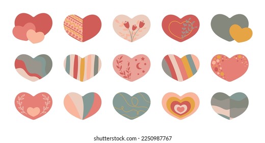 Set of colorful hearts - collection of flat boho style vector illustrations. Simple elements for your designs - heart, love, valentine, wedding, health, care.