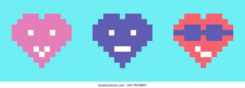 Set of colorful hearts emoticon or emoji in pixel art style, vector