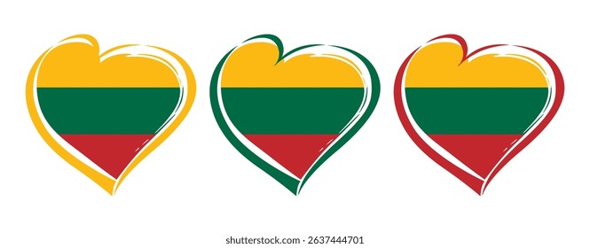 Set of colorful hearts with flag of Lithuania in the backdrop and isolated clipping mask. Lithuanian flag heart creative design. Graphic template for holiday events or tourism. T shirt or gift icon.