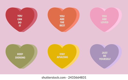 Set of colorful hearts with positive quotes. Geometric shapes with text. Love symbols. Motivation and self love concept. Vector graphic