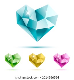 Set of colorful hearts with reflections isolated on white background. Great for logo, invitation, card, product packaging, header, poster, label, banners, brochure, wallpaper.