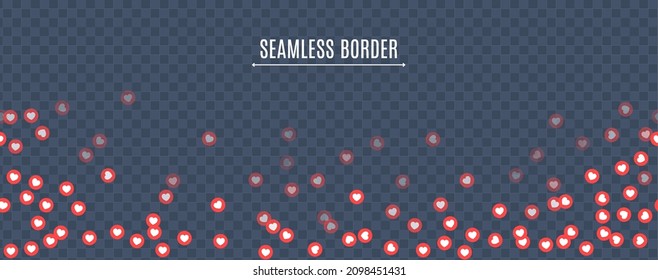 Set of colorful hearts seamless border for stream in flatt style. Flying red hearts pattern for social media posts, live streaming. Blogging live positive reaction template. Vector card illustration
