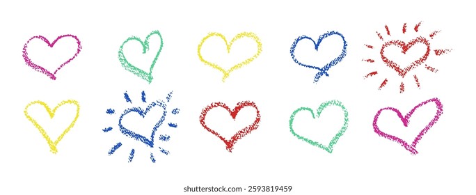 Set of colorful hearts signs drawn by wax pencil. Love symbols in doodle style. Collection of hand drawn kid hearts elements for valentine card or rock, hip hop music poster design. Vector.