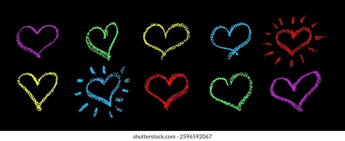 Set of colorful hearts signs drawn by wax pencil. Love symbols in doodle style. Collection of hand drawn kid hearts elements for valentine card or rock, hip hop music poster design. Vector.